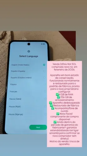 Vendo Infinix Hot 50i, comprado novo na em fevereiro de 2026.