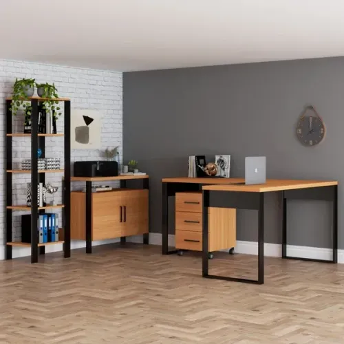 Conjunto Home Office com 4 peças (mesa em L, gaveteiro, estante, armário)