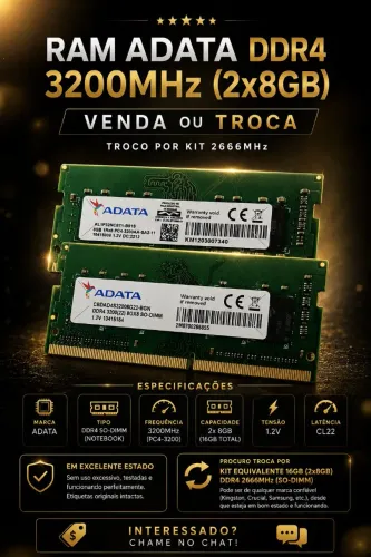 KIT RAM ADATA 2X8G (TOTAL 16GB) P/TROCAR EM RAM DE 2666HZ