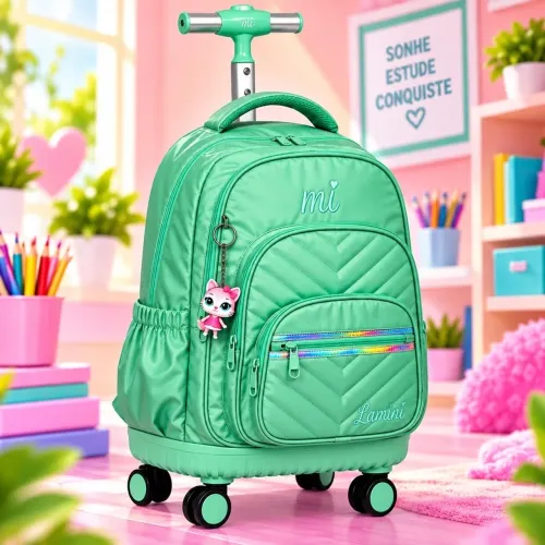 Mochila Escolar Feminina Nylon Resistente Infantil Rosa de Rodinhas com Bolsos e Chaveiro