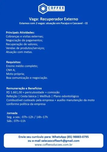 Vaga em Pacajus e Cascavel