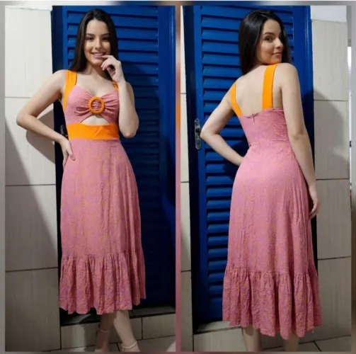 vestido midi lilás e laranja cut-out