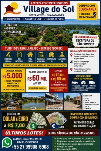 LOTES ESCRITURADOS EM GUARAPARI/ES - COMPRE COM SEGURANÇA, FINANCIAMENTO PRÓPRIO, TROCO