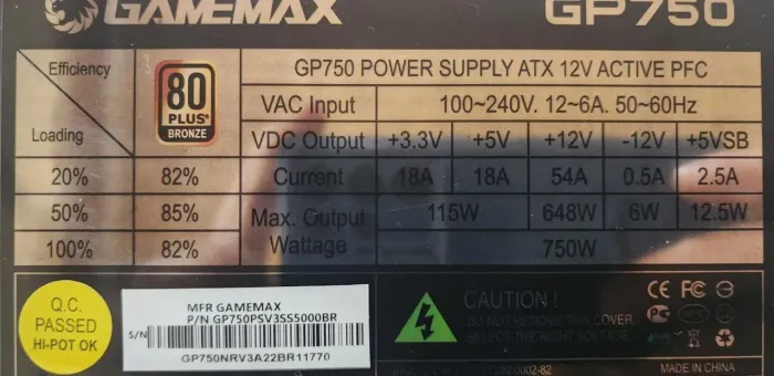 Fonte Gamemax 750 80 plus bronze 