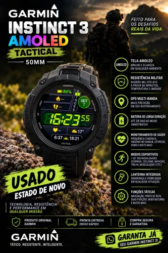 GARMIN INSTINCT 3 AMOLED TACTICAL 50MM ? ESTADO DE NOVO!