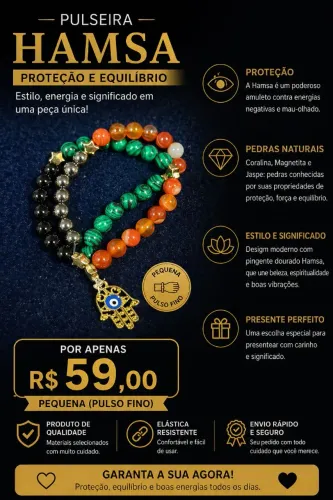 Pulseira HAMSA Feminina pedra Coralina, Jaspe e magnética tam. pequeno