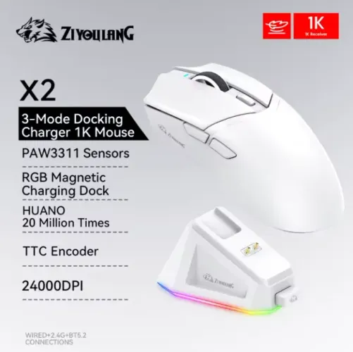 [Novo] Mouse Gamer Sem Fio Ziyoulang x Attack Shark X2 Branco + Doca de Carregamento, RGB