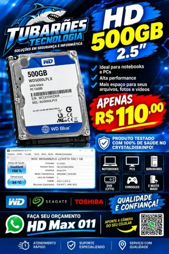 HD WD 500GB 2.5 100% SAUDÁVEL