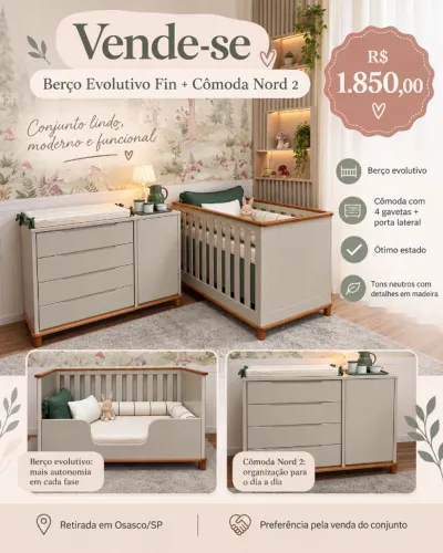 Berço Evolutivo Fin + Cômoda Nord 2 - Conjunto Completo