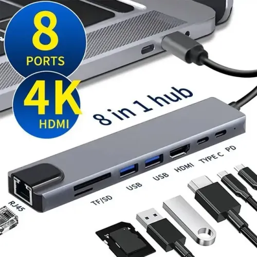 Hub adaptador 8 em 1 MacBook, notebook, Ipad e smartphone Tipo-C