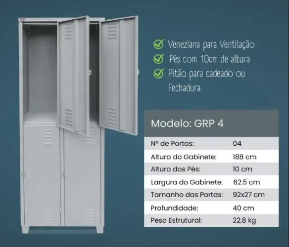 Roupeiro de Aço 04 Portas Grandes - Armário de Aço - GRP4