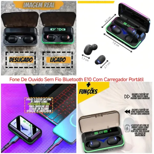 Fone de Ouvido Bluetooth E10 com Carregador Portátil