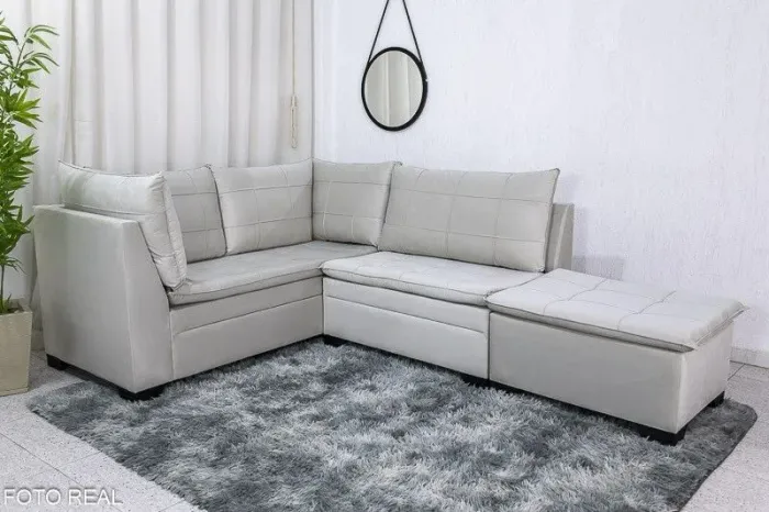 Sofá de Canto 5 Lugares com Puff Veludo Bege