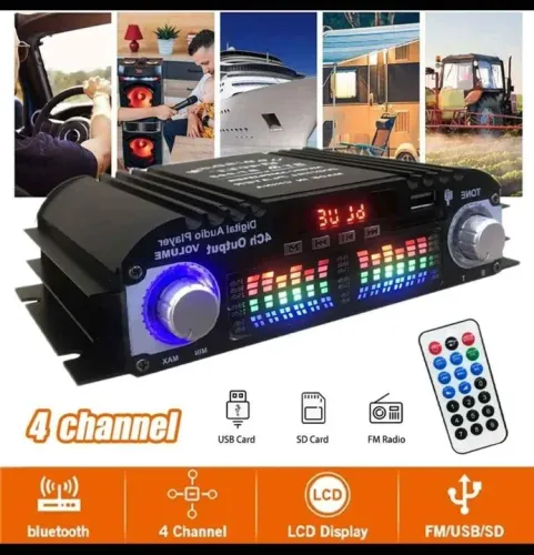 Amplificador de Áudio Digital 4 Canais com Bluetooth, USB, SD Card e Rádio FM