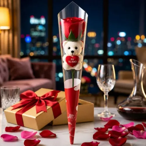 ? Rosa Encantada com Ursinho "Eu Te Amo" - Presente Romântico Perfeito ?