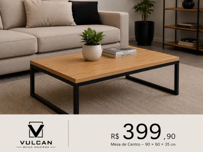 Mesa de Centro 90 × 60 × 35 cm com estrutura em aço carbono 20 × 20 mm e tampo em compensa