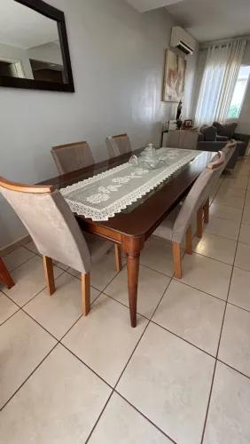 Mesa de Jantar 2,00m Madeira Maciça com Vidro + 6 Cadeiras