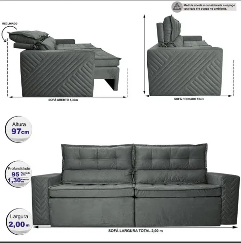 Sofá 3 Lugares Cama Inbox Belém Retrátil e Reclinável Revestido em Suede -200cm de largura