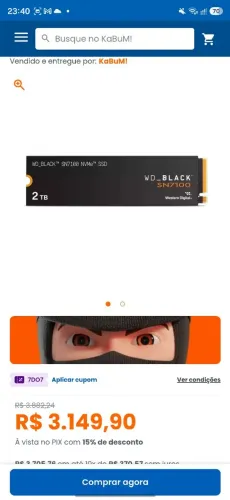 SSD SanDisk SN7100 NVMe, 2TB,M.2 PCLe, Gen4, Leitura 7.250MB/s