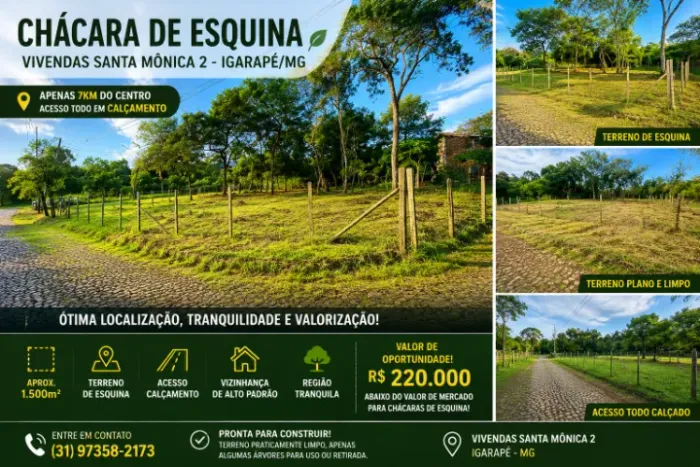 CHÁCARA DE ESQUINA NO VIVENDAS SANTA MÔNICA 2 | 1.100m² | CALÇAMENTO | 7 KM DO CENTRO