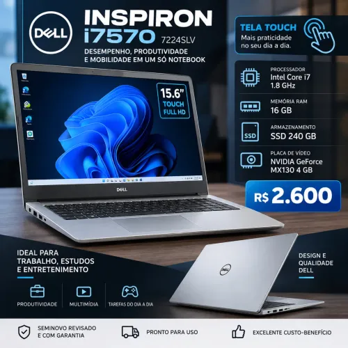 Notebook Dell i7 1.8ghz SSD 240 Mem 16 gb Tela 5.6 Touch GeForce mx130 4gb
