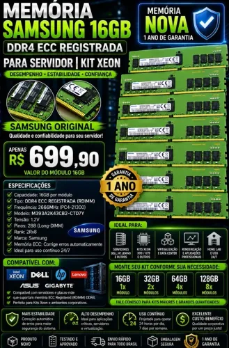 Memória Samsung 16gb Ddr4 Ecc Registrada Para Servidor | Ideal Para Kit Xeon