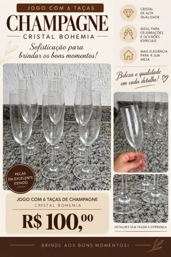 Jogo com 06 taças de champagne, em cristal Bohemia