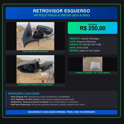 Retrovisor lado esquerdo- Virtus /Polo 2018 a 2025