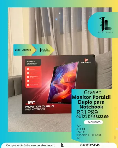 MONITOR GRASEP PORTÁTIL DUPLO PARA NOTEBOOK, 16 POL., LACRADO, EXCLUSIVO!