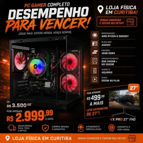 PC Gamer Ryzen 5 5600GT | 16GB RAM | SSD 240GB + HD 500GB | Gabinete Aquário RGB