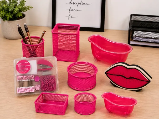 KIT ORGANIZADOR DE ESCRITÓRIO ROSA - 10 PEÇAS | Ótimo Estado
