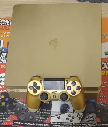 PS4 SLIM 1TB DOURADO SEMINOVO, DESTRAVADO, 1 CONTROLE
