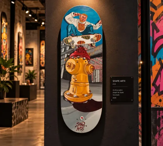 Obra de arte em shape de skate reciclado