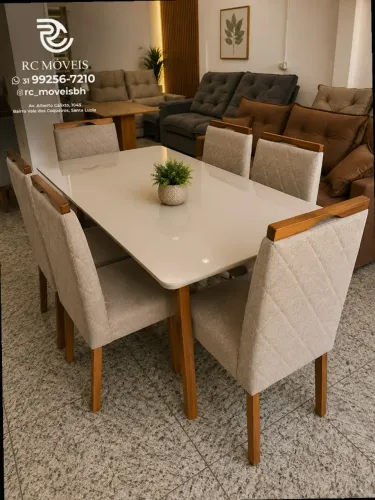 Mesa de jantar 1,70x0,90 Tampo Vidro Laqueado + 6 Cadeiras Madeira maciça