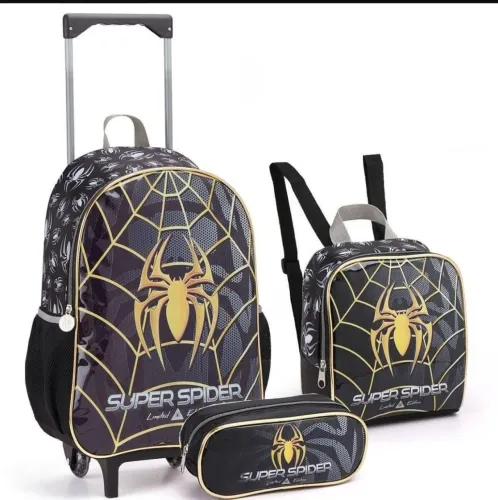 Kit Escolar Mochila de carrinho, estojo e lancheira
