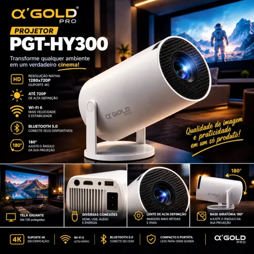 PROJETOR PGT-HY300 720P | CINEMA EM CASA + WI-FI 6 + BLUETOOTH 5.0