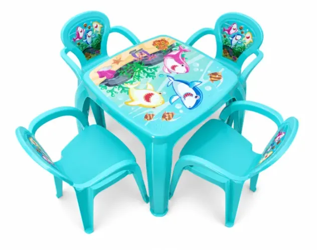 ACEITO PROPOSTAS!!! Kit Mesa E 4 Cadeiras Infantil Azul Tema Pequenos Tubarões