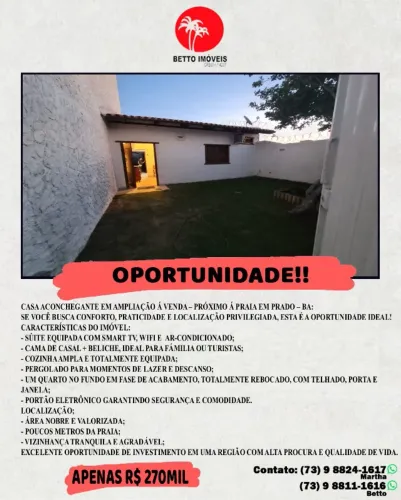 EXCELENTE OPORTUNIDADE PARA COMPRAR SUA CASA A POUCOS  METROS DA PRAIA EM PRADO BAHIA