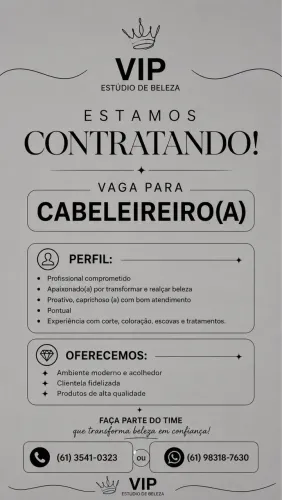 Salão Estúdio Vip contrata cabeleireira (o)