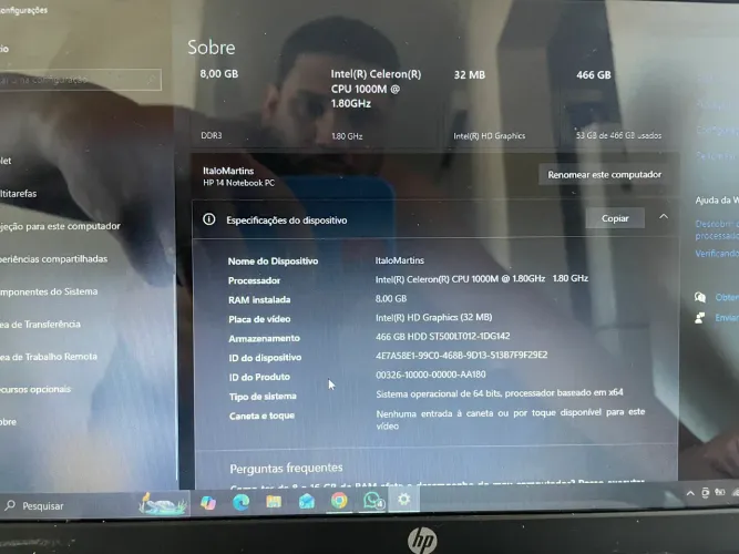 Notebook HP 14 8g de ram e 500g de HD