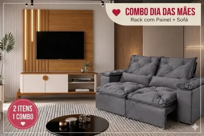 COMBO - BANCADA BURITI 1.40 + PAINEL BOTO 1.36CM C/ LED + SOFÁ RETRÁTIL E RECLINÁVEL GRÉCI