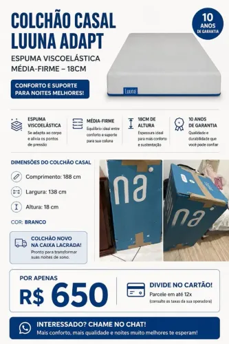 Colchão Casal Luuna Adapt, Espuma Viscoelástica Média-Firme,10 Anos de Garantia, 18cm