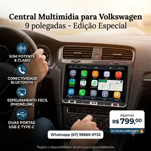 Central Multimídia Volkswagen 9" Bluetooth PhoneLink USB Type-C