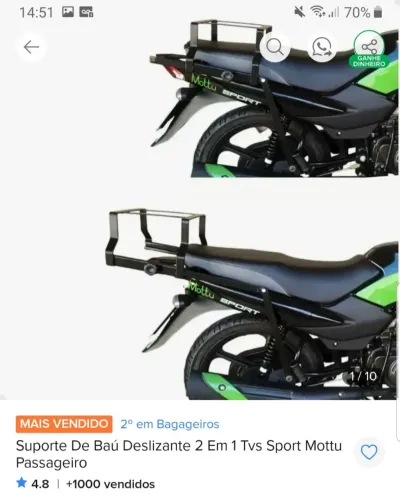Suporte baú mottu sport com alongador 