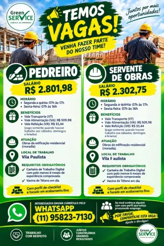 SERVENTE DE OBRAS e PEDREIRO