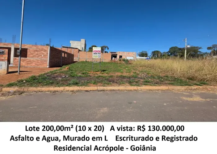 Leia a descrição: Lote 200,00m² (Asfalto e Agua) Residencial Acrópole
