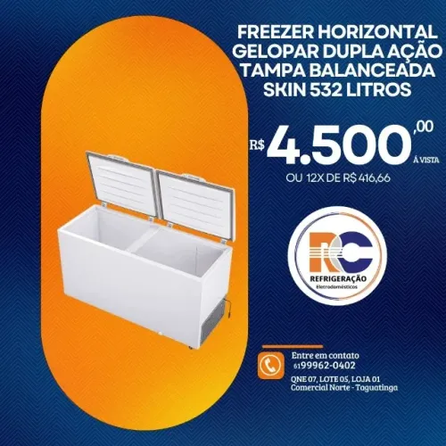  FREEZER HORIZONTAL GELOPAR DUPLA AÇÃO TAMPA BALANCEADA SKIN 532 LITROS BIVOLT INVERTER