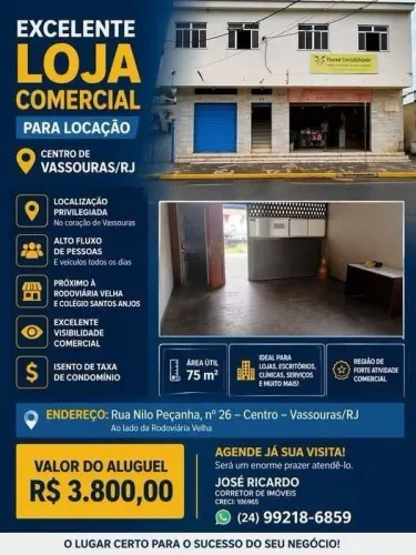 loja com 75m² no centro de vassouras,grande circulação de pessoas e carros.