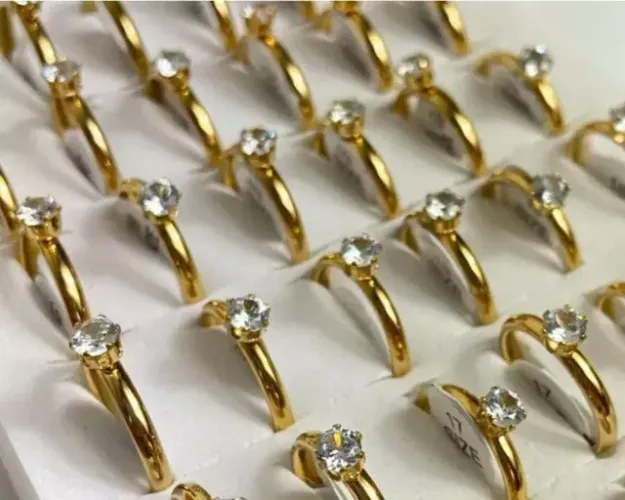 Solitário Dourado Pedra Zircônia Kit 36 Anel Aço Inox