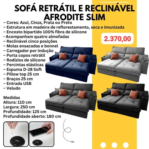 Sofá Afrodite 2.50m veludo retrátil e reclinável porta USB e copos / várias cores